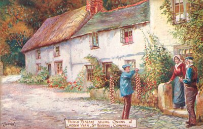 Vendedor de cebolla francesa, Ladden Vern, St Keverne, Cornwall (litografia en color) de English School