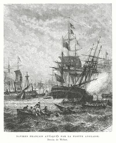 Buques de guerra franceses atacados por una flota británica de English School