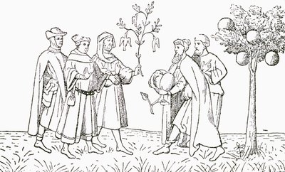 Fraile Oderic de Pordenone sosteniendo una rama de un árbol en el que crecen pájaros, mostrado a su vez por el rey local, el Árbol de Cordero de Tartaria, mostrando un cordero emergiendo, ilustración de The Strand Magazine de English School