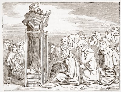 Fraile predicando desde un púlpito móvil, ilustración de La Historia del Protestantismo de James Aitken Wylie, pub. 1878 de English School