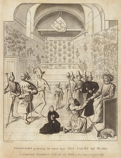 Froissart presentando sus cartas de Guy Court de Blois a Gaston Phoebus, conde de Foix, en su palacio de Orthez de English School