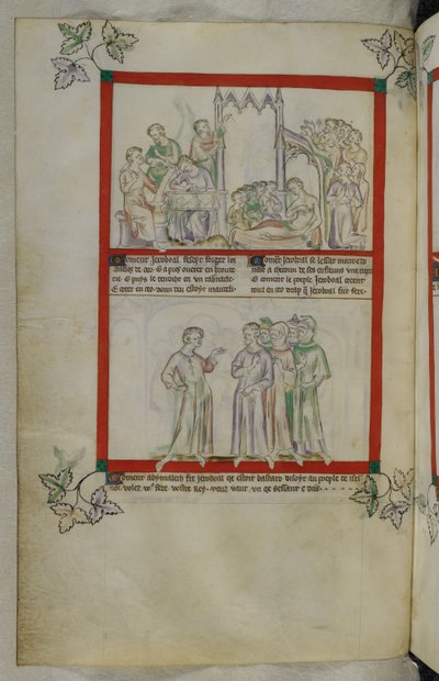 De la historia de Gedeón (Jeroboal), detalle de una iluminación manuscrita del Salterio de la Reina María, MS Royal 2 B VII, f. 37v de English School