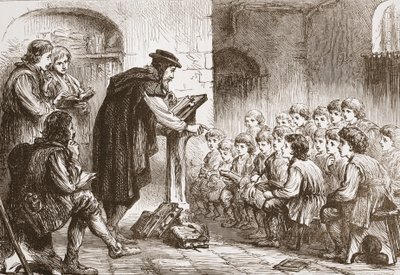 La escuela de Froment en el Molard, ilustración de La Historia del Protestantismo de James Aitken Wylie, pub. 1878 de English School