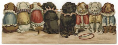Portada y contraportada de una tarjeta que representa perros con disfraces de circo de English School
