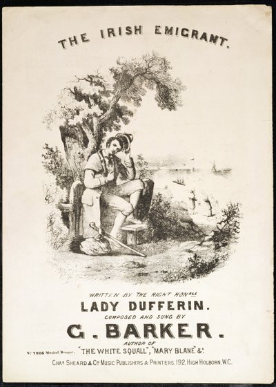 Portada de la partitura musical para El inmigrante irlandés, escrita por Lady Dufferin, compuesta por G. Barker de English School