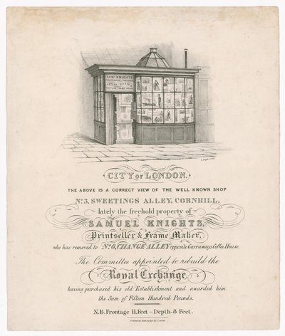 Frente del No 3, Sweetings Alley, Cornhill, propiedad reciente de Samuel Knights, vendedor de impresiones y fabricante de marcos de English School