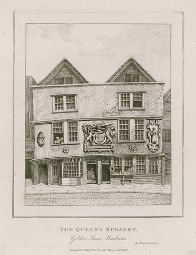 Frente del teatro Fortune, como se veía en 1800 después de haberse convertido en una tienda de English School
