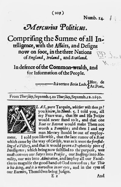 Portada, de Mercurius Politicus, en defensa de la Commonwealth y para Información del Pueblo, 1650 de English School