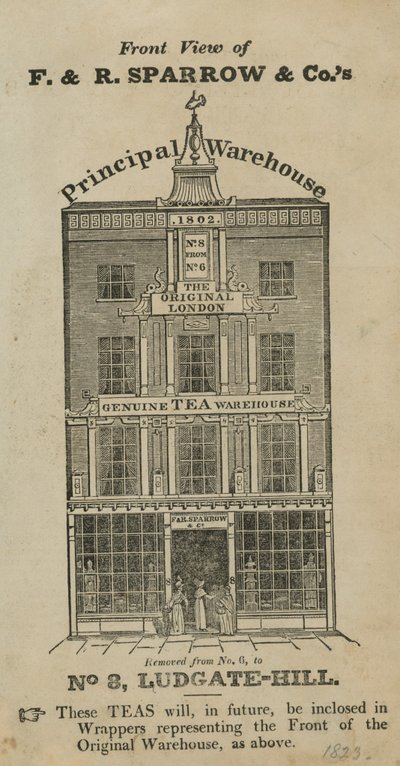 Vista frontal del almacén de Fred & Robert Sparrow & Co en Ludgate Hill de English School