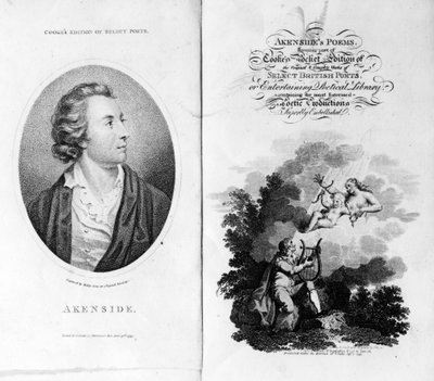 Frontispicio y página de título de los Poemas de Akenside de la Edición de Bolsillo de Poetas Británicos Selectos de Cooke, publicada en 1799 de English School