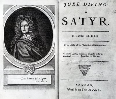 Frontispicio y página de título de Jure Divino: A Satyr por Daniel Defoe, publicado en 1706 de English School