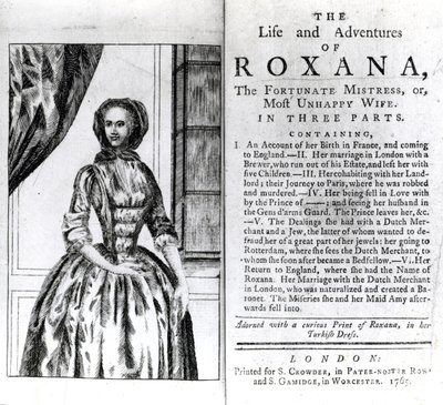 Frontispicio y página de título de The Life and Adventures of Roxana por Daniel Defoe, publicado en 1765 de English School