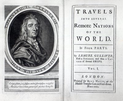 Frontispicio y Portada de Los Viajes de Gulliver de Jonathan Swift, 1726 de English School