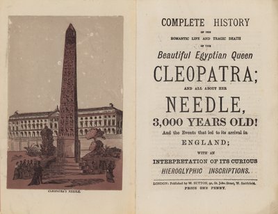 Portada y página de título de Historia completa de la vida romántica y muerte trágica de la hermosa Reina Egipcia Cleopatra de English School