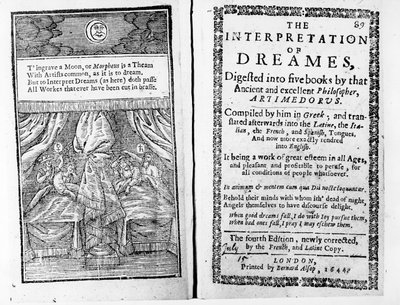 Frontispicio y página de título de La Interpretación de los Sueños por Artemidoro, edición inglesa publicada en 1644 de English School