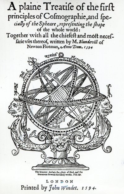 Frontispicio de Un Tratado Sencillo de los Primeros Principios de la Cosmografía por Thomas Blundeville, publicado en 1594 de English School