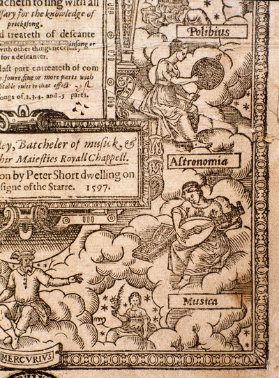 Frontispicio de Una Introducción Llana y Fácil a la Música Práctica por Thomas Morley, Detalle, 1597 de English School