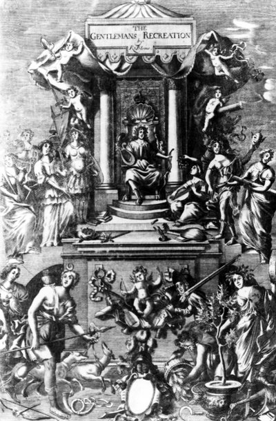 Frontispicio de The Gentlemans Recreation publicado por Richard Blome, 1686 de English School