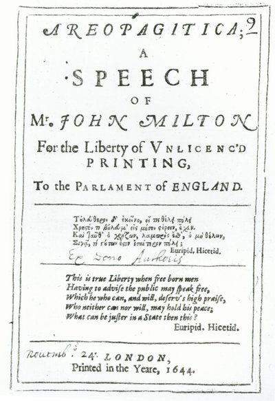 Frontispicio de Areopagitica, un discurso de John Milton, publicado en 1644 de English School