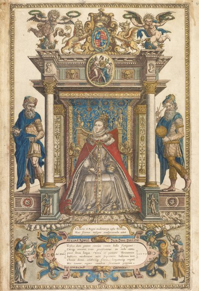Frontispicio de Atlas de los Países de Inglaterra y Gales por Christopher Saxon, Londres 1579 de English School