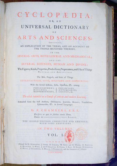 Frontispicio de la Enciclopedia: Un Diccionario Universal de Artes y Ciencias, Vol. I, por Ephraim Chambers, Londres, 1738 (papel impreso) de English School