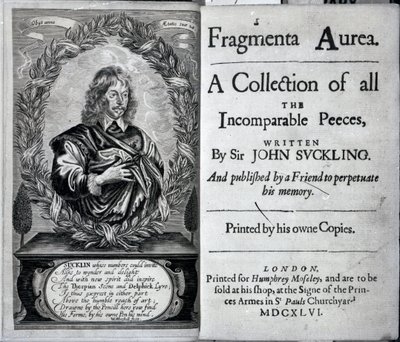 Frontispicio de Fragmenta Aurea, una colección de todas las piezas incomparables escritas por Sir John Suckling, publicada en 1646 de English School