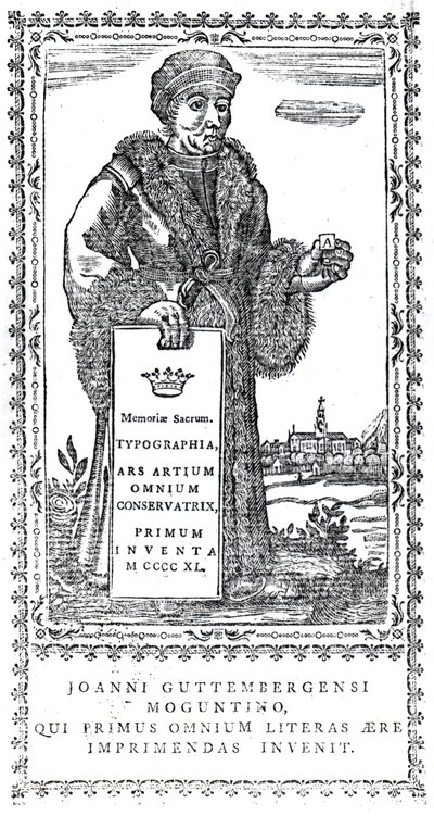 Frontispicio de Johannes Gutenberg de Una Historia Concisa del Origen y Progreso de la Impresión por Philip Luckombe, publicado en 1770 de English School