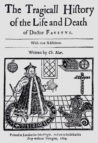 Frontispicio de La trágica historia de la vida y muerte del Doctor Fausto, por Christopher Marklin, c.1616 de English School