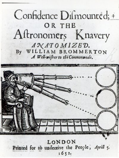 Frontispicio de La Confianza Desmontada; o la Travesura de los Astrónomos Anatomizada por William Brommerton, publicada en 1652 de English School