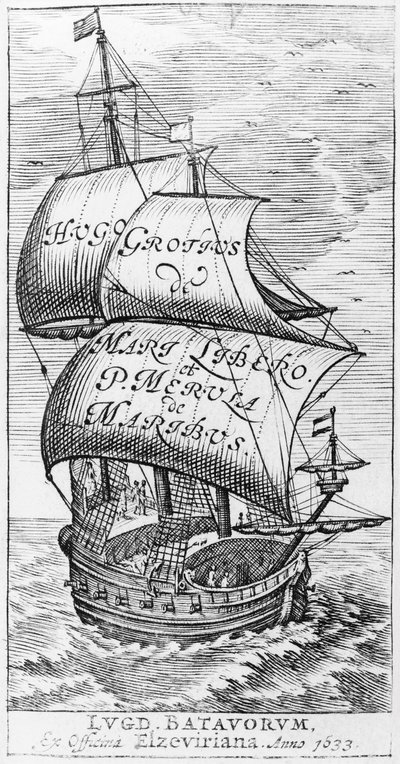 Frontispicio de De mari libero, por Hugo Grotius y Paulus van Merula de Maribus, 1633 de English School