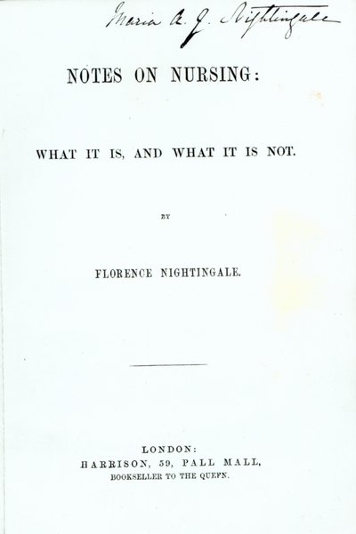 Portada de Notas sobre enfermería: Qué es y qué no es de Florence Nightingale, publicada en 1860 de English School