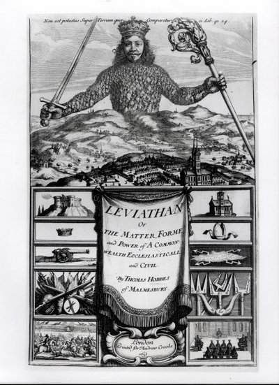 Frontispicio de Leviatán o la materia, forma y poder de una comunidad eclesiástica y civil, 1651, por Thomas Hobbes de Malmesbury de English School