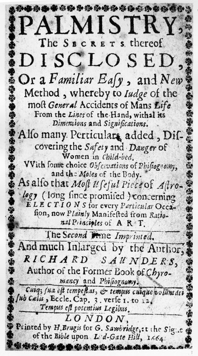 Frontispicio de Quiromancia, los Secretos Revelados por Richard Saunders, 1664 de English School