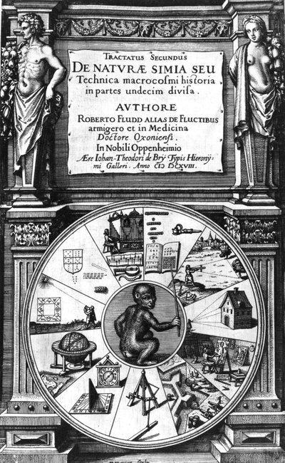 Frontispicio de Utriusque Cosmi Historia de Robert Fludd, Tractatus Secundus de Naturae Simia Sue Tecnica Macrocosmi, Frankfurt, 1624 de English School