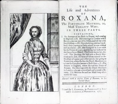 Frontispicio de Roxana, La Amante Afortunada de Daniel Defoe, edición publicada en 1765 de English School