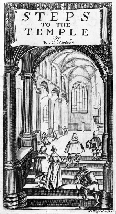 Frontispicio de Steps to the Temple de Richard Crashaw, grabado por J. Cross, 1648 de English School