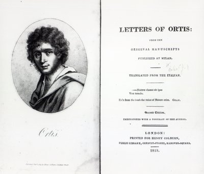 Portada de Las Cartas de Ortis de Niccolo Ugo Foscolo, edición publicada en 1818 de English School
