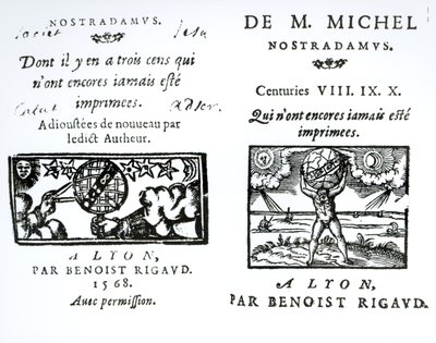 Frontispicio de Las Profecías de M. Michel Nostradamus, pub. por Benoist Rigaud, 1568 de English School