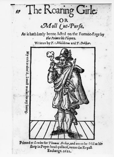 Frontispicio de The Roaring Girle o Moll Cut-Purse por Thomas Middleton y Thomas Dekker, 1611 de English School