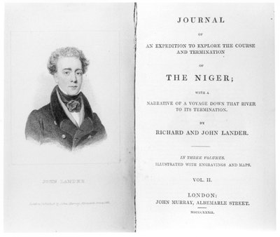 Frontispicio del Volumen 2 de Journal of an Expedition to Explore the Course and Termination of The Niger por Richard y John Lander, publicado en 1832 de English School