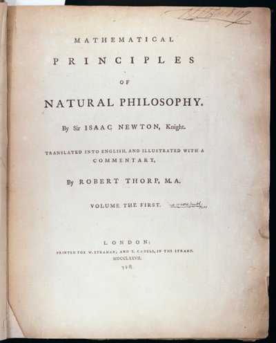 Frontispicio del Volumen I de Los principios matemáticos de la filosofía natural de Sir Isaac Newton, 1777 de English School