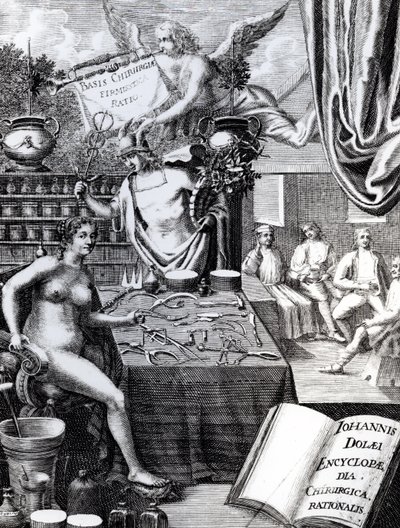 Frontispicio de una Enciclopedia de Pensamiento Quirúrgico por John Dolaeus de English School