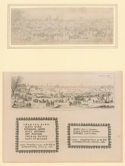 Feria de hielo en el Támesis, recuerdo impreso para el rey Carlos II y su familia, 1684 de English School