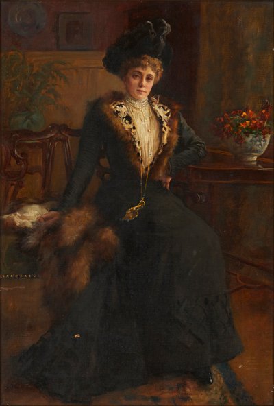 Retrato de cuerpo entero de una joven con vestido forrado de piel de English School