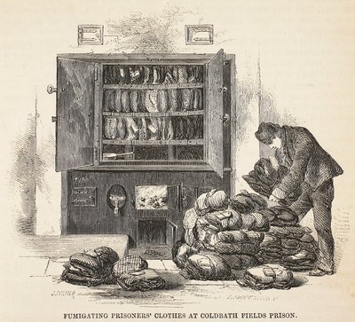 Ropa de prisioneros fumigada en la prisión de Coldbath Fields, ilustración de Las prisiones criminales de Londres y escenas de la vida en prisión de Henry Mayhew y John Binny, pub. 1862 de English School
