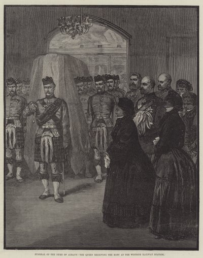 Funeral del Duque de Albany, la Reina recibiendo el cuerpo en la estación de tren de Windsor de English School
