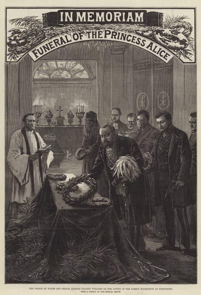 Funeral de la Princesa Alicia, el Príncipe de Gales y el Príncipe Leopoldo colocando coronas en el ataúd en el Mausoleo Familiar en Rosenhohe de English School