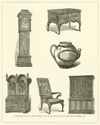 Muebles utilizados por John Wesley, ahora en su casa, nº 47, City Road, Londres, CE (grabado) de English School