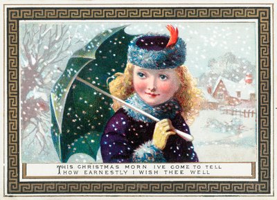 Niña con paraguas en la nieve, tarjeta de Navidad de English School