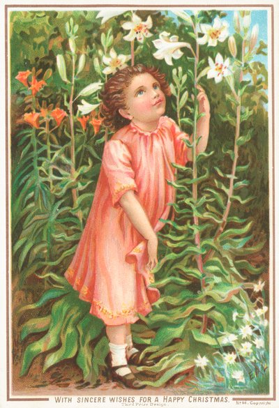 Niña oliendo lirios en el jardín de English School